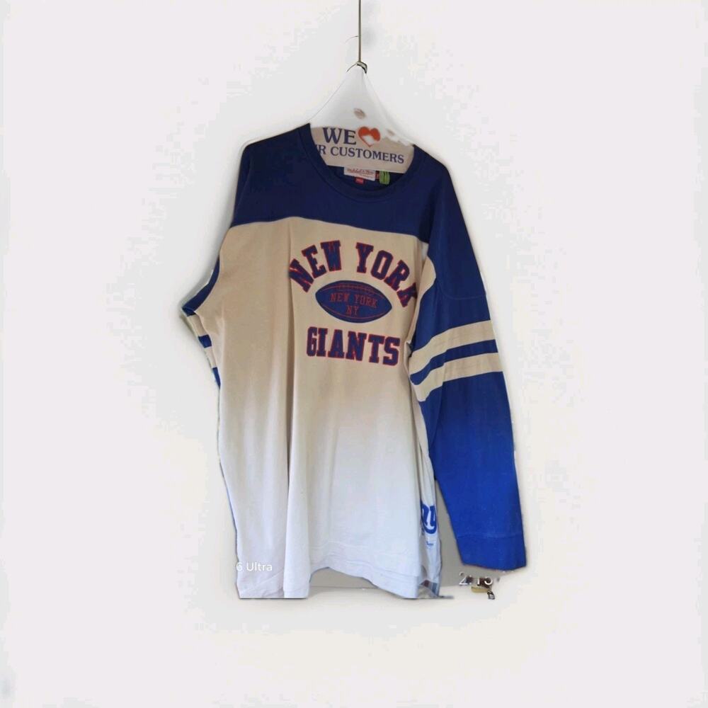 Authentic NY Giants Long Sleeve Cotton White Blue Mitchell & Ness 3XL Pullover